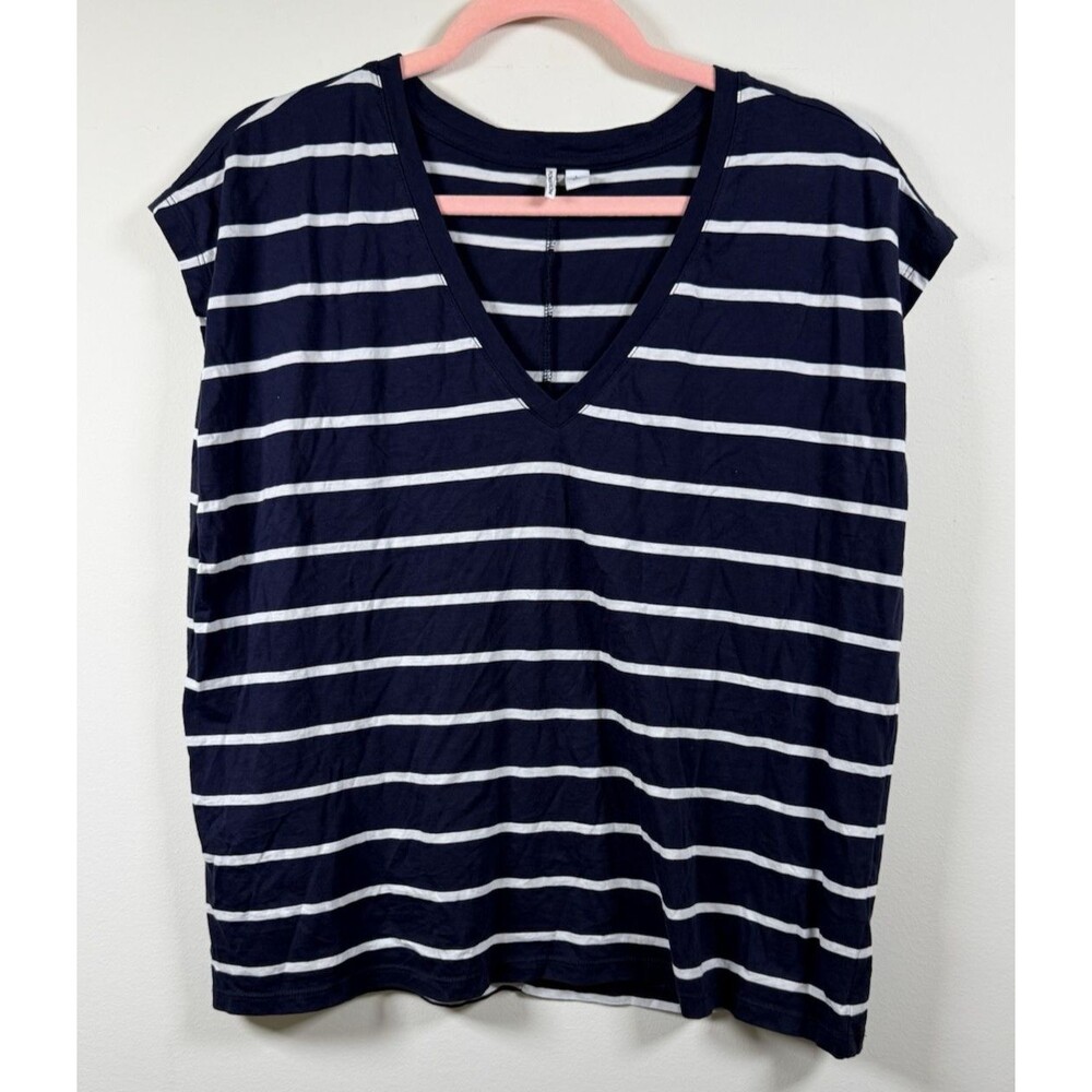 Nordstrom Navy/White Striped V-Neck Cap Sleeve Pima Cotton T-Shirt - L